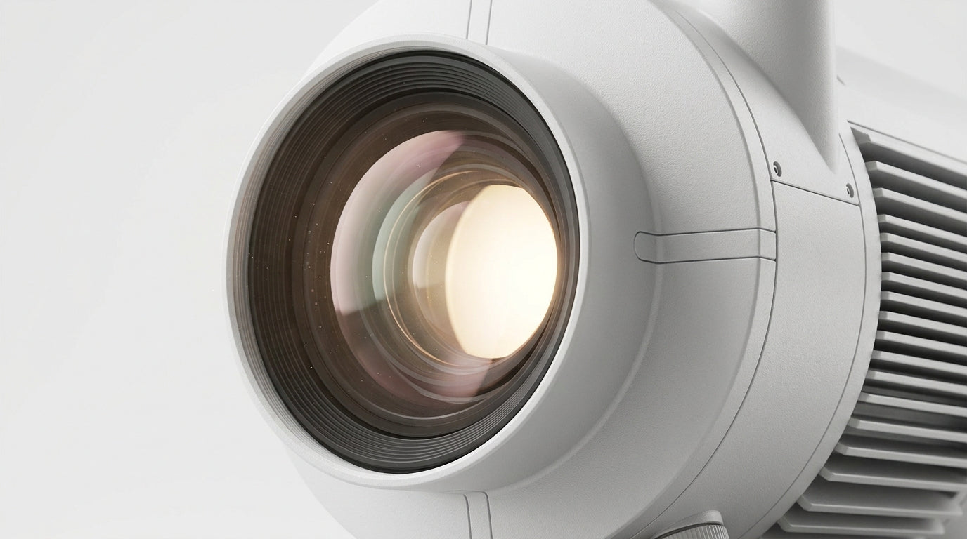 A macro view of a 4K short-throw laser projector lens designed for premium indoor golf simulators.