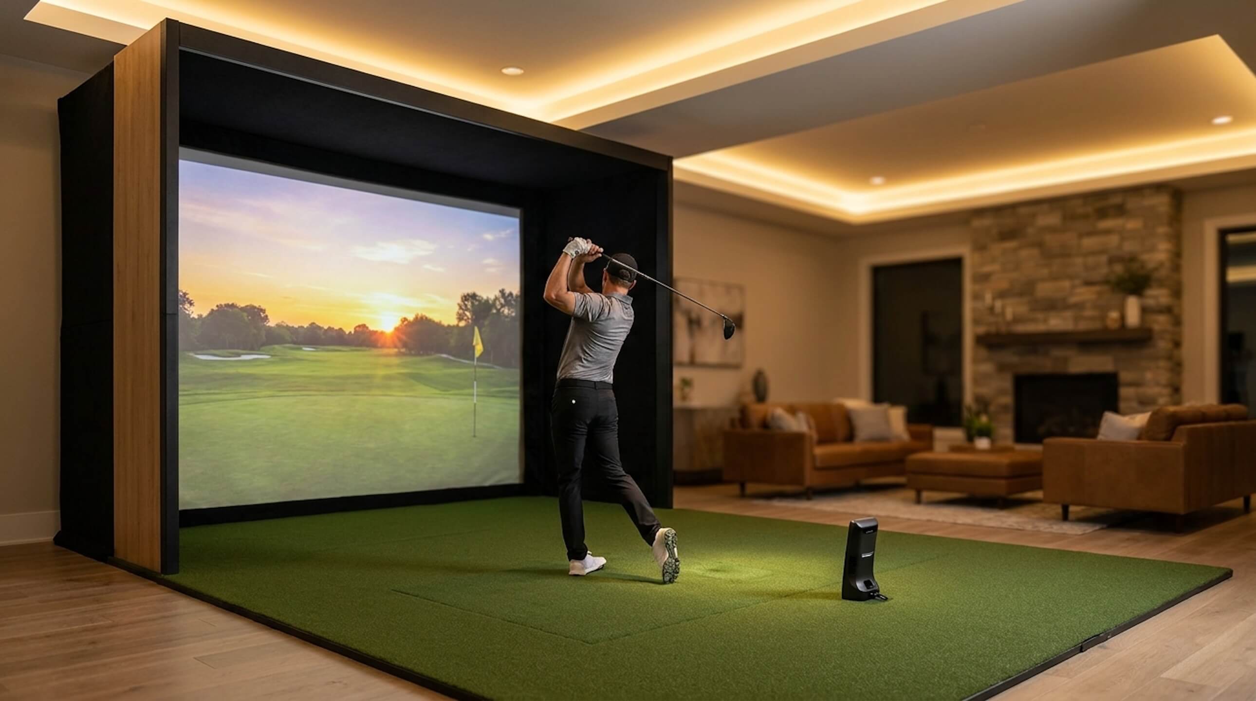 High-end indoor golf simulator installed in a modern luxury home with premium impact screen and ambient lighting.