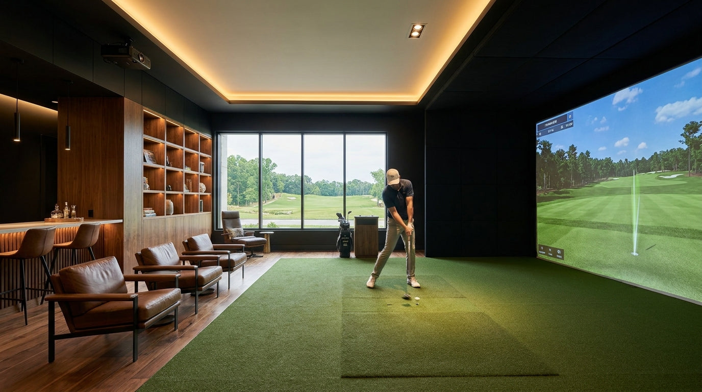 Golfer mid-swing in a luxury high-end indoor golf simulator room featuring a premium impact screen and tour-grade tracking technology.