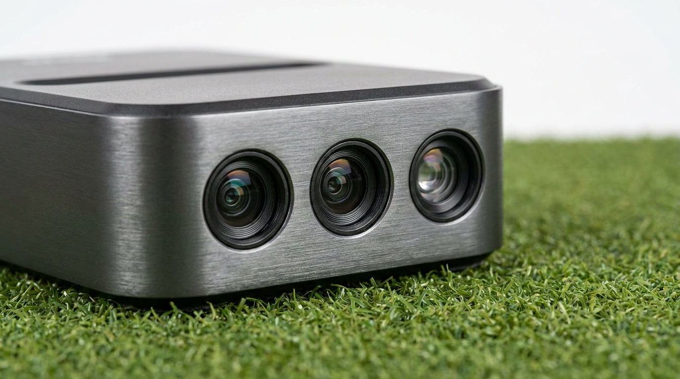A close-up of a high-speed photometric golf launch monitor used for tour-grade indoor tracking.