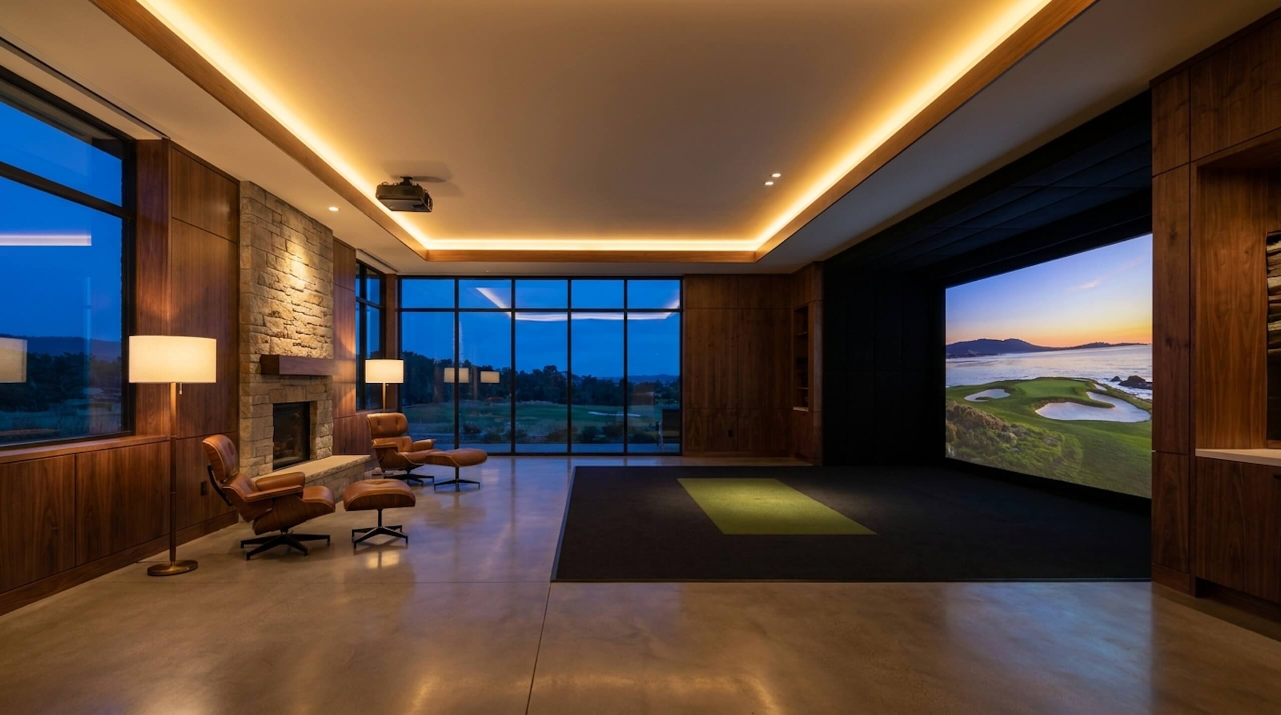 Luxury turnkey indoor golf simulator room at dusk ready for a design consultation