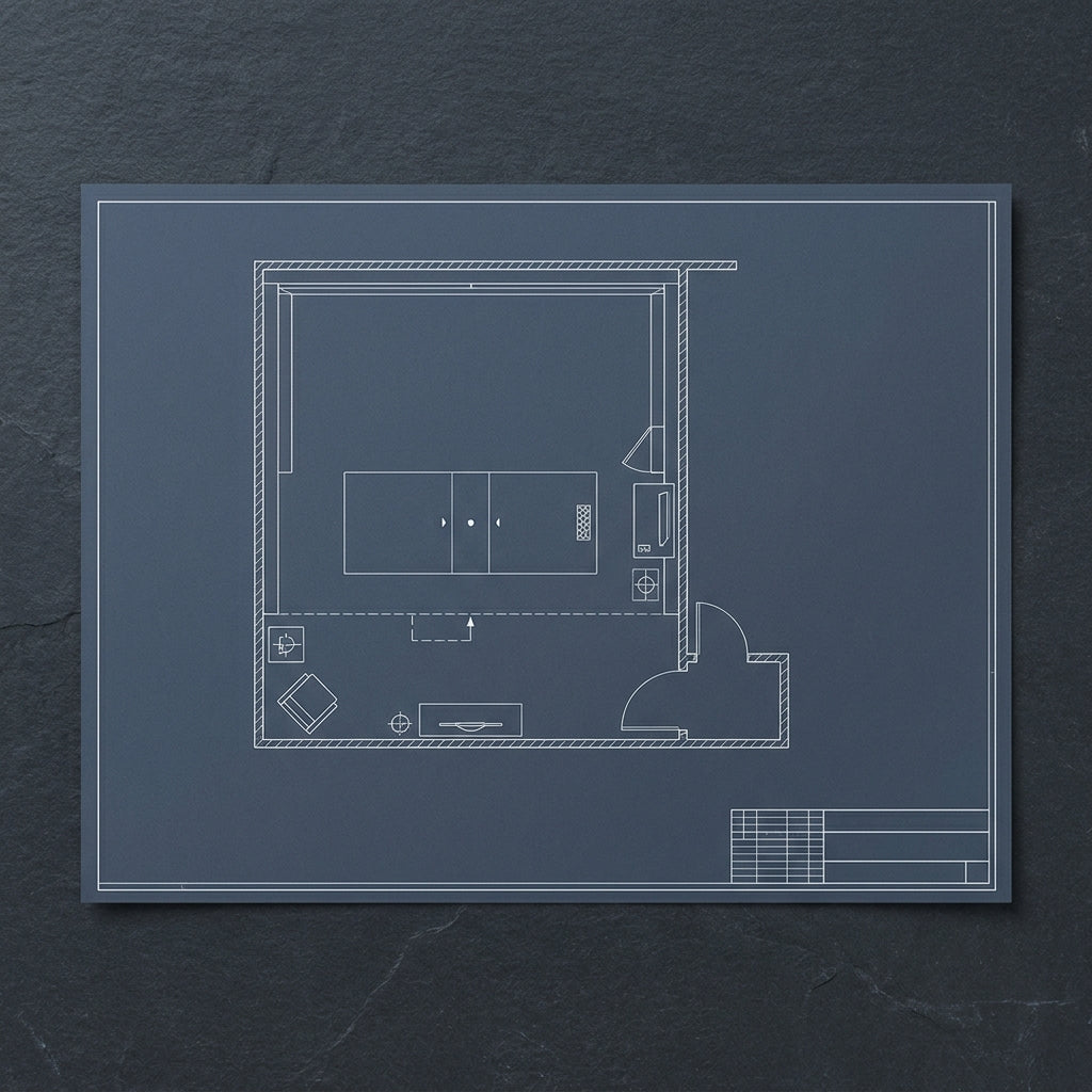 Technical architectural blueprints detailing the custom engineering of a luxury indoor golf simulator.