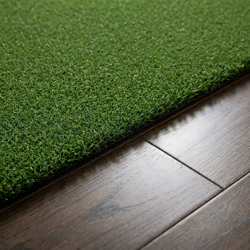 Premium golf simulator hitting turf installed flush against modern hardwood flooring.