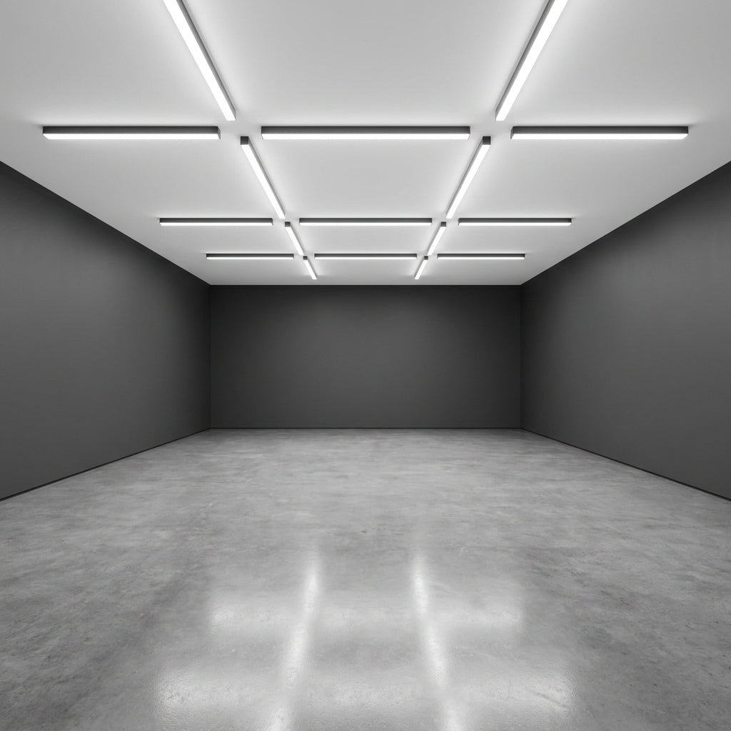 A clean, modern room prepared for a custom Precision Indoor Golf simulator installation.