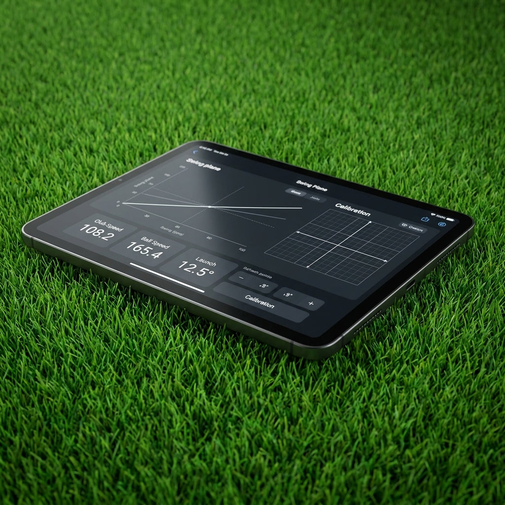 A digital tablet displaying launch monitor calibration data resting on premium indoor golf turf.