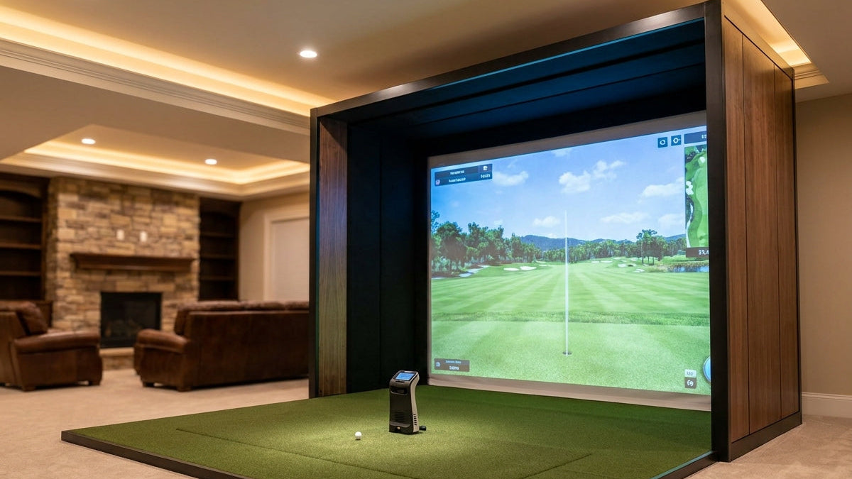 Turnkey residential indoor golf simulator package installed in a home basement