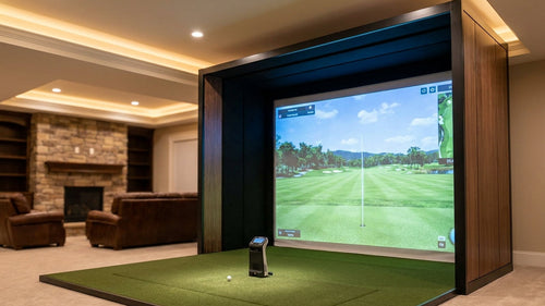 Turnkey residential indoor golf simulator package installed in a home basement
